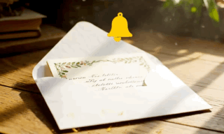 A cream envelope with a floral invitation card inside and a bell ringing for attention
